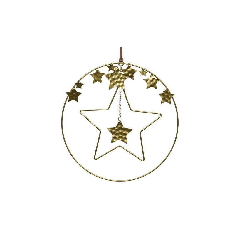 Decoris Kerstdecoratie hanger gouden cirkel met sterren dia 25cm, ijzer met leren hanger