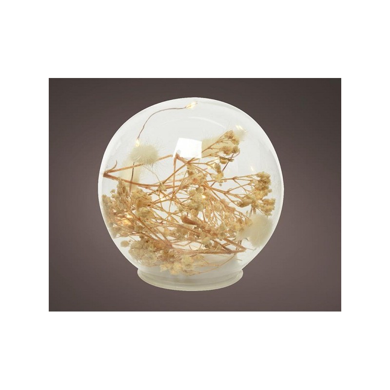 Lumineo Boule de verre avec éclairage Micro LED et décoration nature 8 lampes Blanc chaud dia12cm