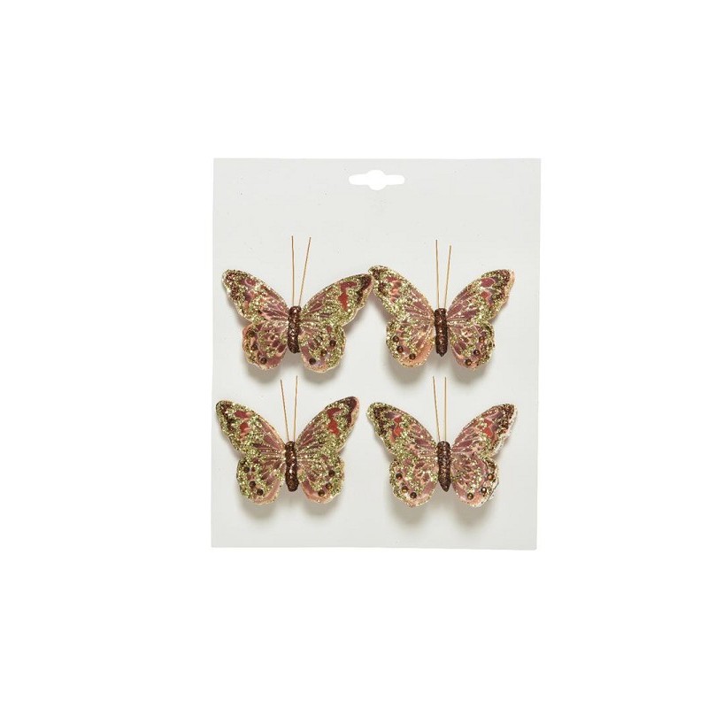 Decoris décoration de Noël tissu papillon sur pince rose lot de 4 pièces 9x6cm