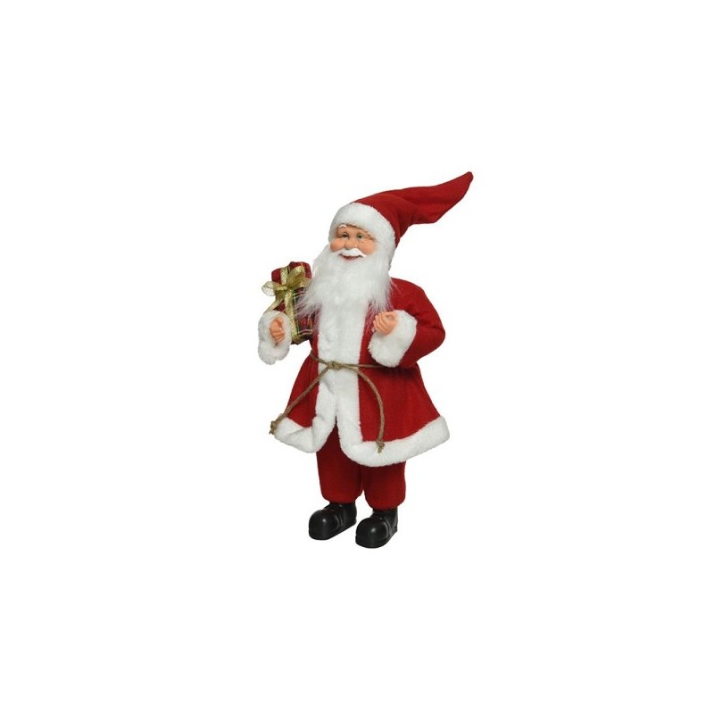 Decoris Père Noël avec paquet en costume de Noël rouge traditionnel 14x25x45cm