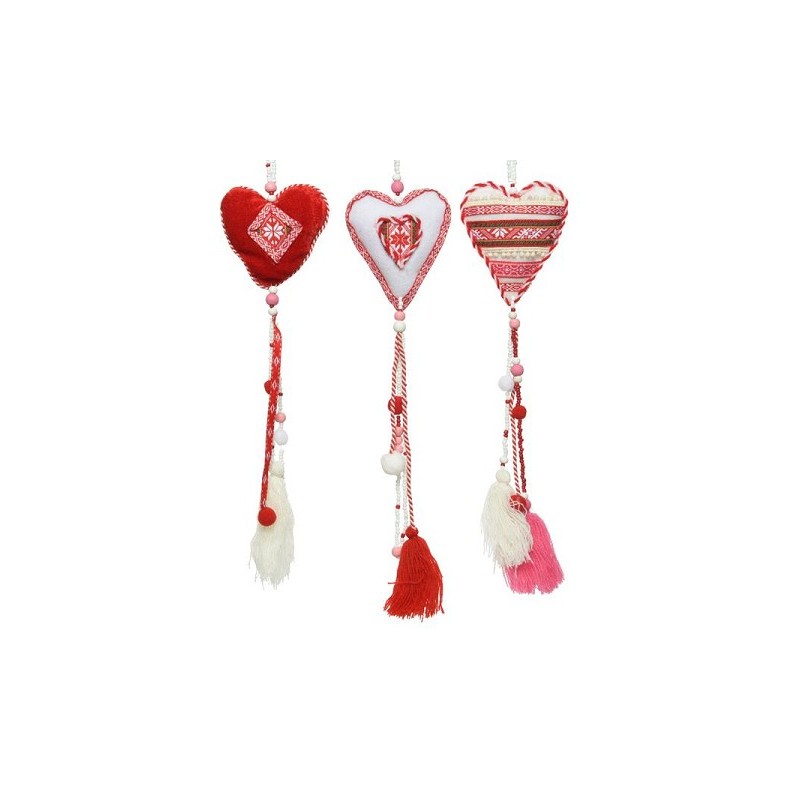 Decoris pendentif déco Coeur textile 9x1,5x55cm rouge-blanc avec pompons et perles