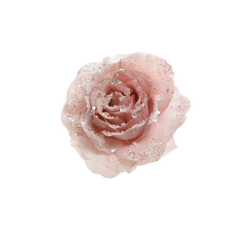 Decoris décoration de Noël Rose sur pince polyester rose poudré dia14x8.5cm