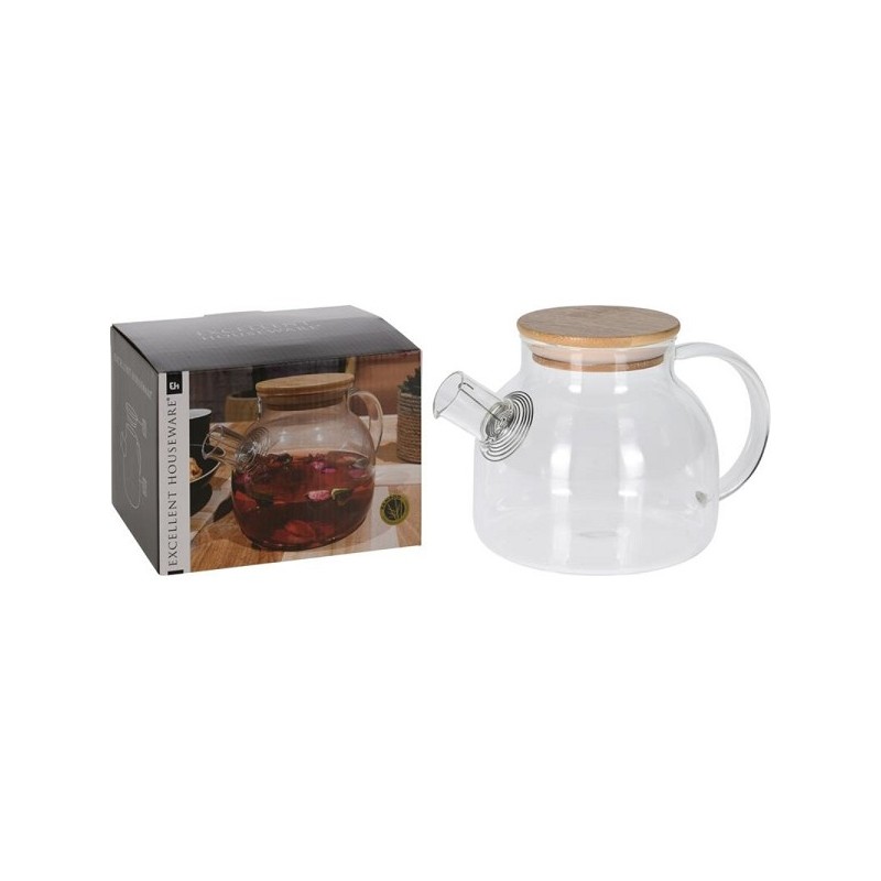 Excellent Houseware Theepot Borosilcaat Glas met bamboo deksel en teezeef 1 liter