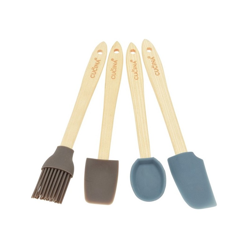 Keukengereedschap 4-delige set hout/siliconen : opscheplepel, bakkwast, 2 x pannenlikker