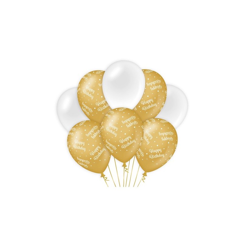 Paperdreams Decoration balloons goud/wit - Happy birthday Verpakking a 8 stuks