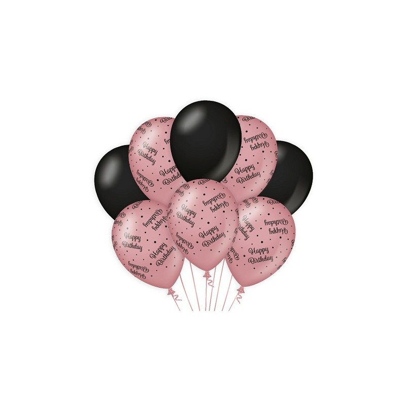 Paperdreams Decoration balloons roze/zwart - Happy birthday Verpakking a 8 stuks