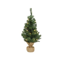 Everlands Imperial pine mini kunstkerstboom met 10 lampen warm wit LED verlichting in jute zak. Werkt op 3 x AA batterijen en is