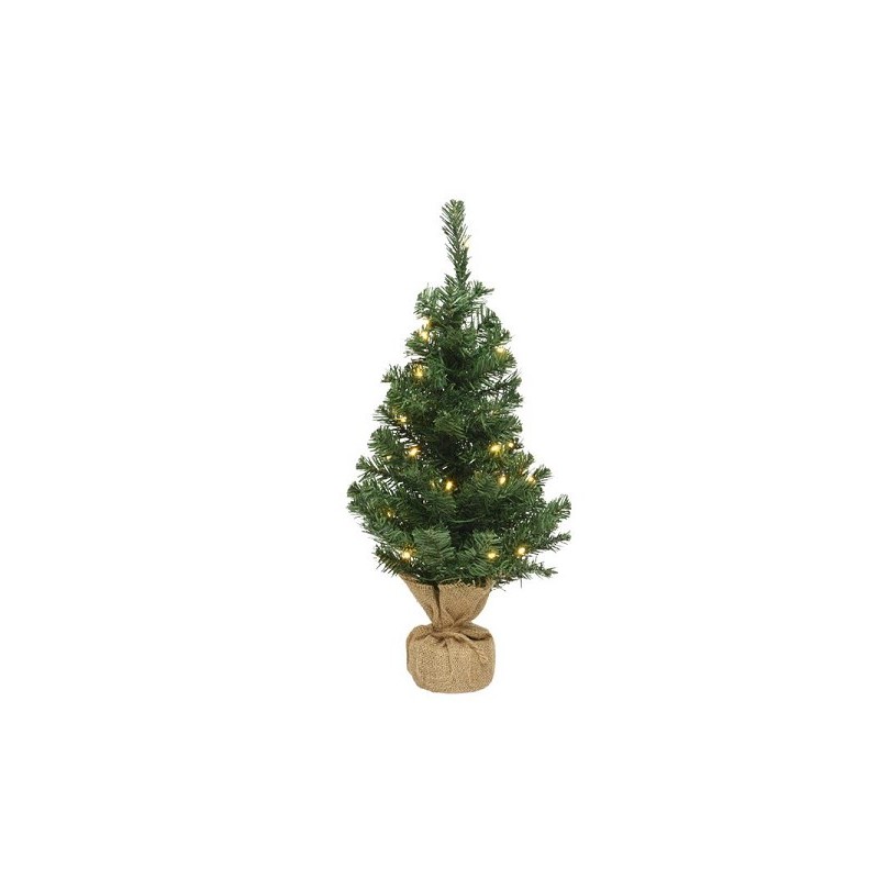 Everlands Imperial pine mini kunstkerstboom met 10 lampen warm wit LED verlichting in jute zak. Werkt op 3 x AA batterijen en is