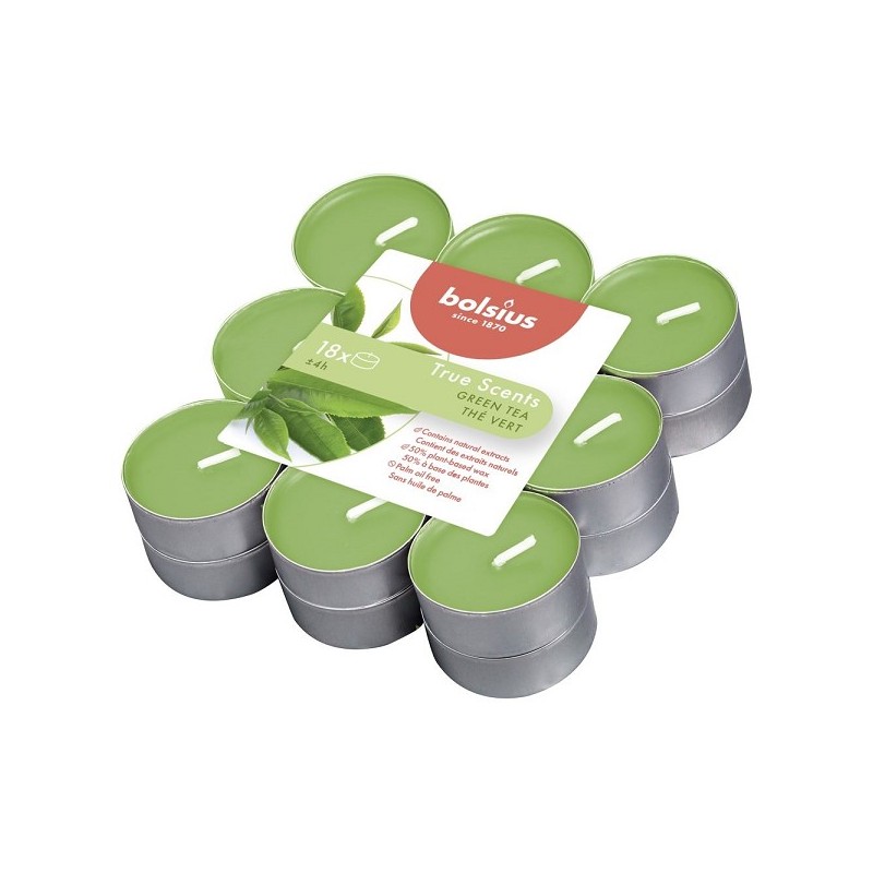 Bolsius Bougies chauffe-plat parfumées 4 heures pack de 18 Thé vert True Scents