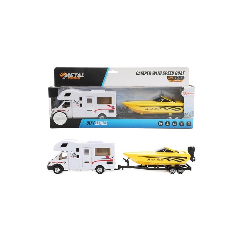 Toi Toys Camper pull back +speedboot+aanhanger 1:48
