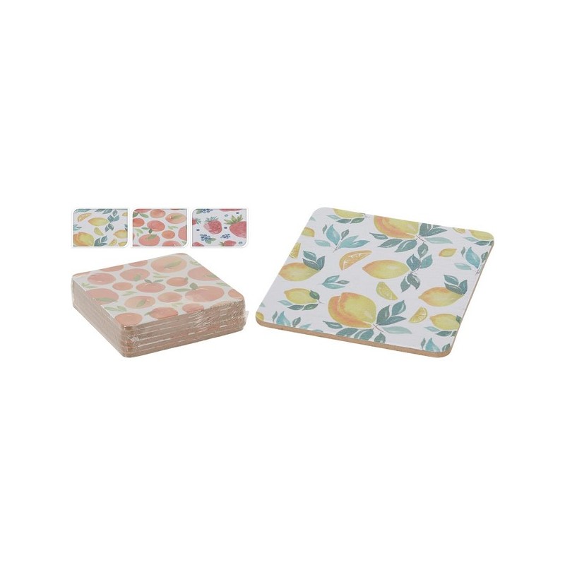 Onderzetters kurk met zomerse fruiotprint set a 6 stuks ( per 1 verpakking )