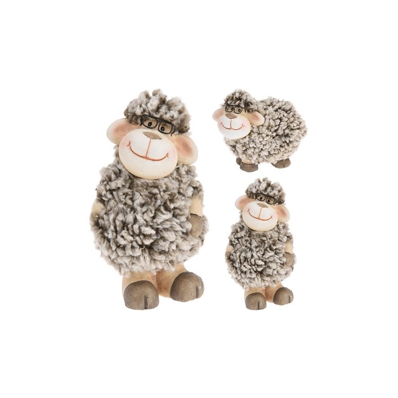 Mouton en céramique et laine, avec lunettes 15cm gris