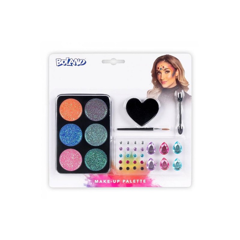 Make-up set Glamour met 26 sticker edelstenen, glittersmink, spons, pensel en applicator