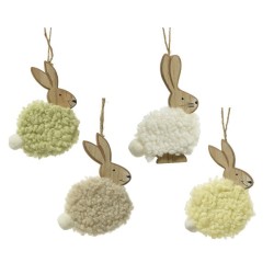 Decoris Suspension Lapin mdf avec laine L0,6-L8,5-H12cm