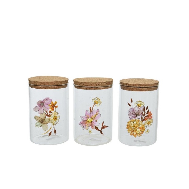 Decoris Pot de conservation en verre avec image fleurs séchées Ø8-H13cm