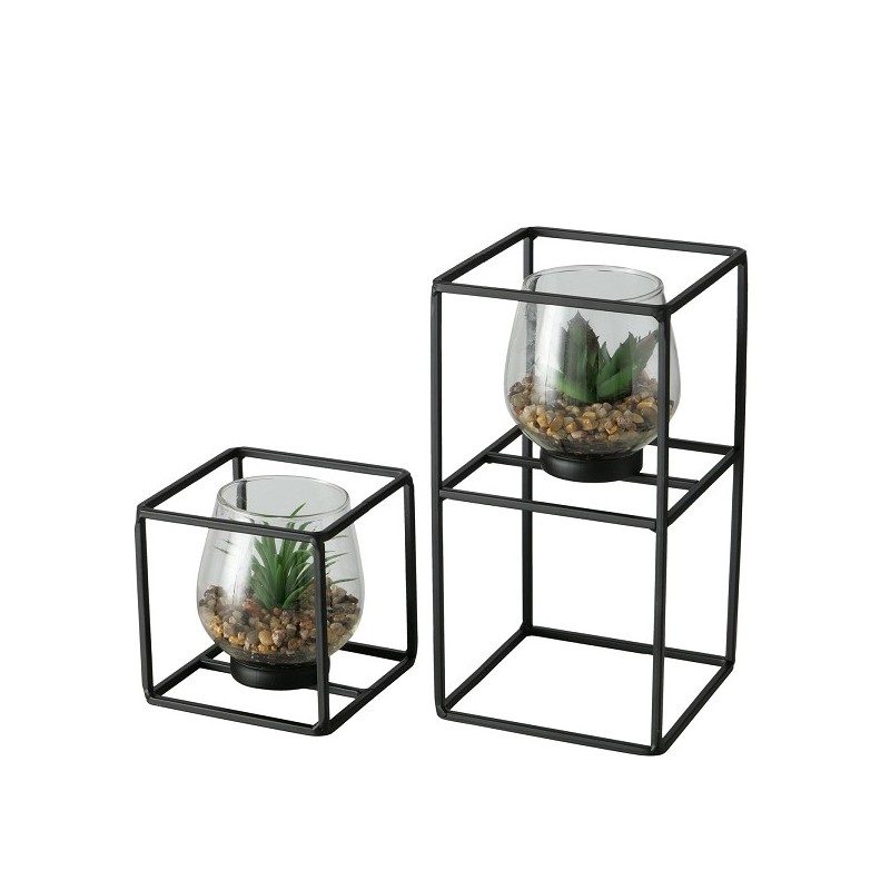 Boltze Home plante artificielle en pot en verre et support en métal noir Sabia ensemble de 2 pièces 11x11/13x24cm