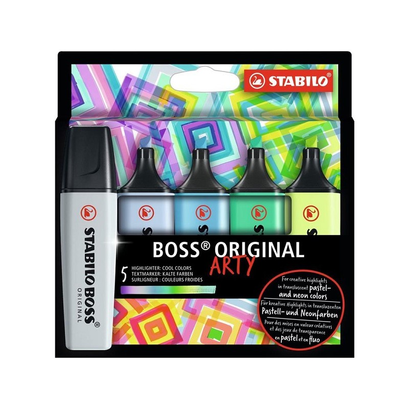 Surligneurs Stabilo Boss Original Arty dans un étui en carton avec 5 couleurs - couleurs cool