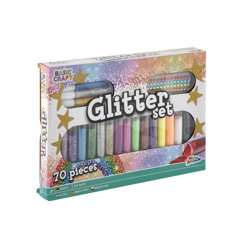 Grafix Glitterset 70-delig met 15 buisjes met glitter, 3 buisjes met glitterpennen en 52 glittertjes.
