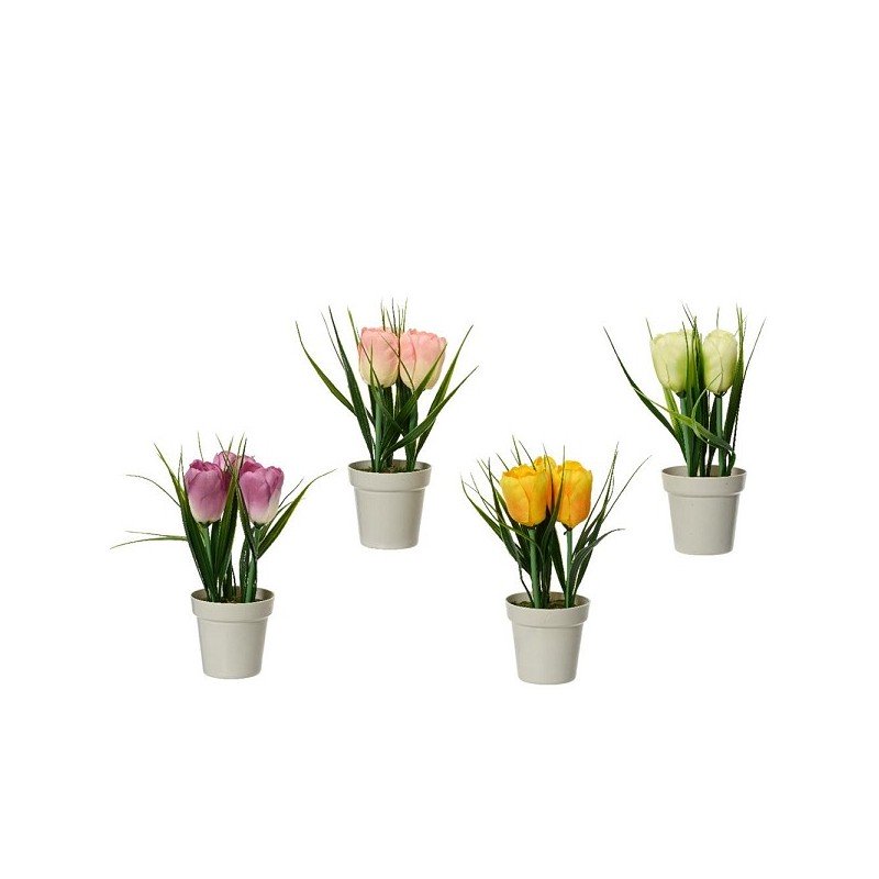 Decoris Kunstplant in pot Tulp poluester 6,5x6,5x17cm 4 assorti