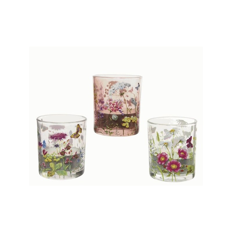 Decoris Theelichthouder van glas met bloemen dessin dia.7x8,3cm 3 assorti