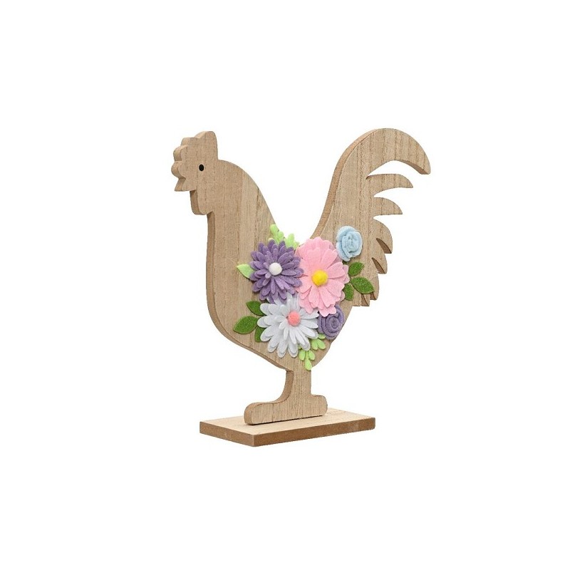 Decoris decoratieve Beeld Haan met vilten bloemen gemaakt van MDS fsc mix 6x21,5x20cm