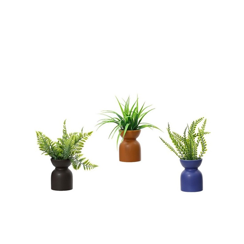 Decoris kunstplant groen in pot kunststof/aardewerk dia8x23cm 3 assorti