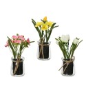 Decoris kunstplant voorjaars bloemen in glazen pot polyester 5,5x5,5x16cm narcis - tulp - violtje 3 assorti