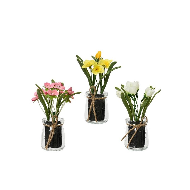 Decoris kunstplant voorjaars bloemen in glazen pot polyester 5,5x5,5x16cm narcis - tulp - violtje 3 assorti