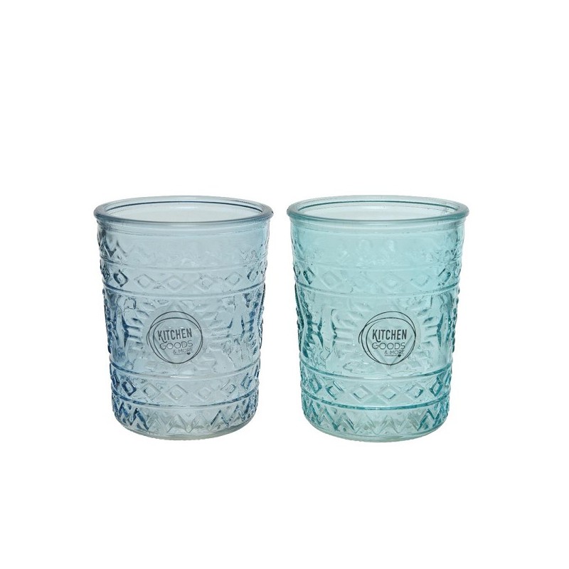 Decoris Waterglas 400ml van glas in blauwe tinten dia.6,3x10,3cm 2 assorti