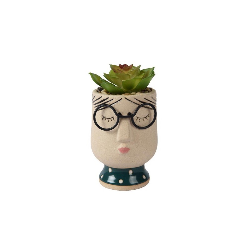 Decoris Kunstplant succulent in pot met gezicht  keramiek 7,8x7,2x13,5cm