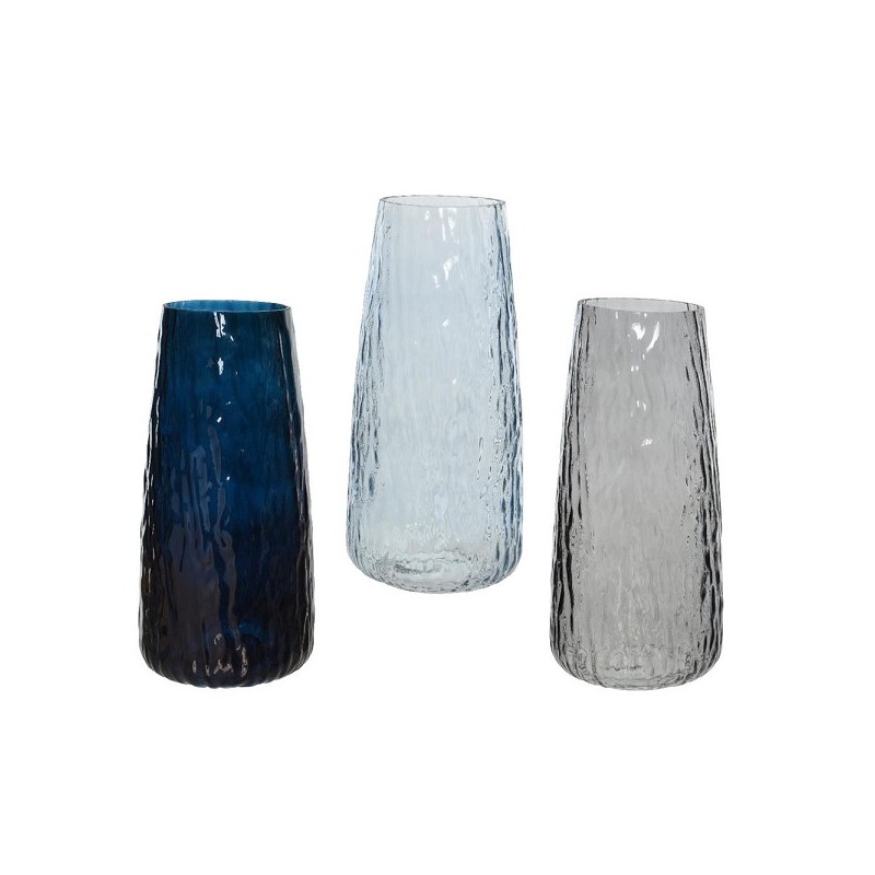 Decoris Vaas met golf textuur glas werk in blauwe tinten dia10x21,5cm 3 assorti