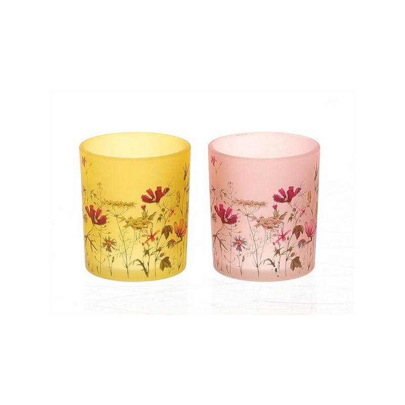 HBX Living Theelichthouder Medulin met bloemen dessin dia7x8,2cm 2 assorti geel of roze