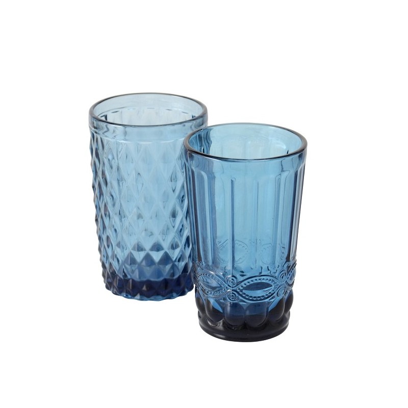 Boltze Home Drinkglas 'Aurora' Glas gekleurde glas blauuw dia8x13cm  Vaatwasmachinebestendig 2 assorti