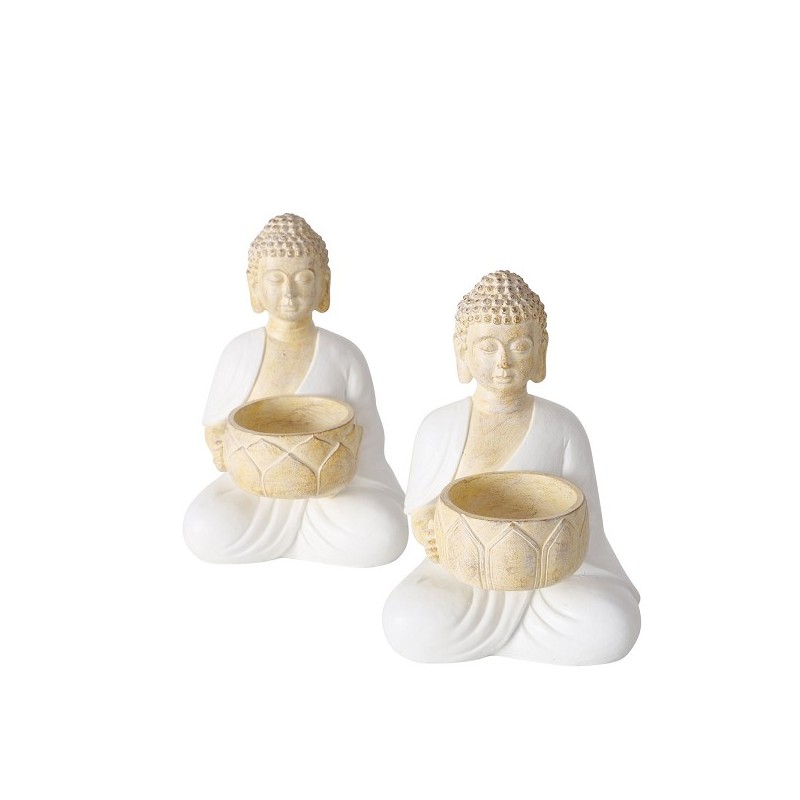 Boltze Home Theelichthouder Boeddha 'Jamory' polyresin 10x10x15cm off-white 2 assorti