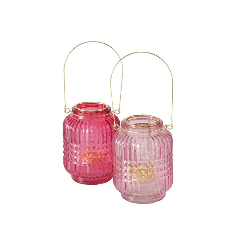 Boltze Home Windlicht 'Sarena' glas/metaal dia.9cmx13cm 2 assorti kleuren roze