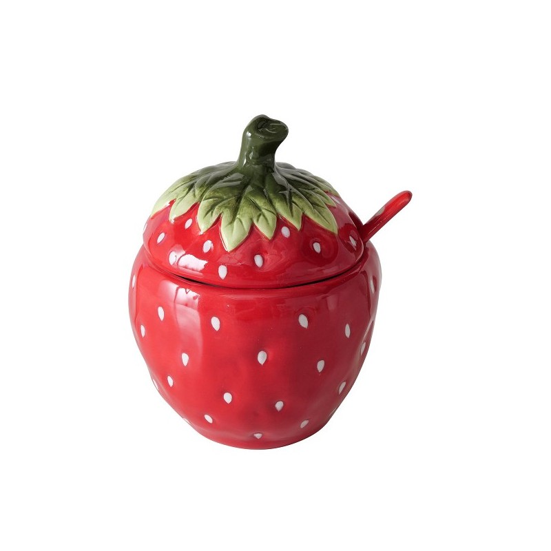 Boltze Home Jampotje 'Strawberry' met deksel en lepel van aardewerk 13x11x14cm rood handgemaakt