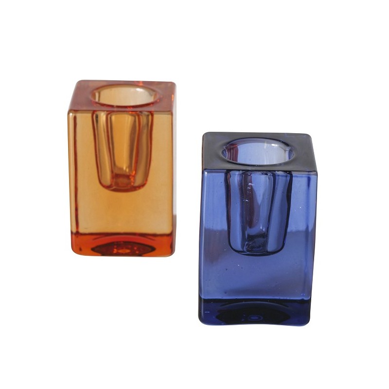 Boltze Home Kandelaar 'Eve' glas 4x4x6cm 2 assorti blauw of oranje