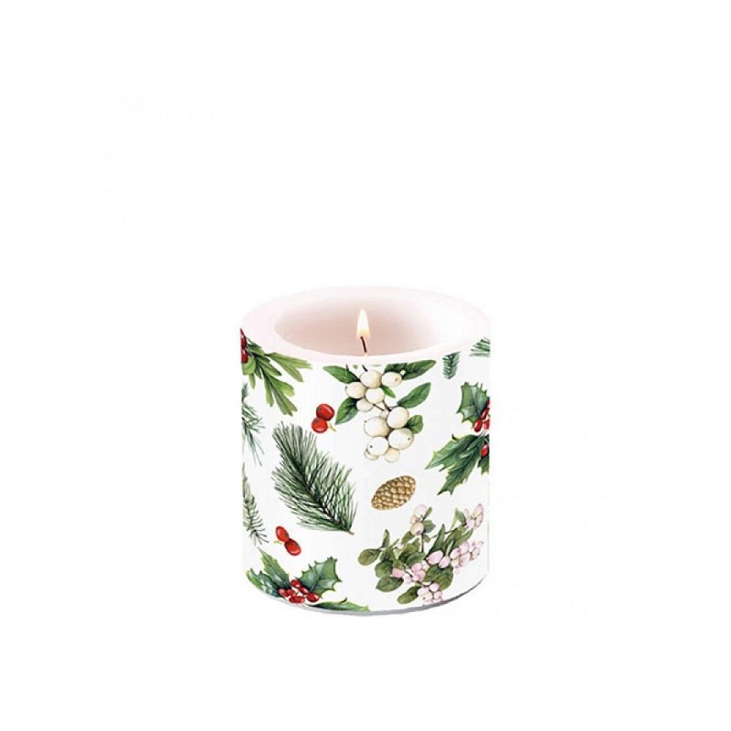 Ambiente Kaars klein Winter greenery wit dia7,5x9cm van parafine 35 branduren