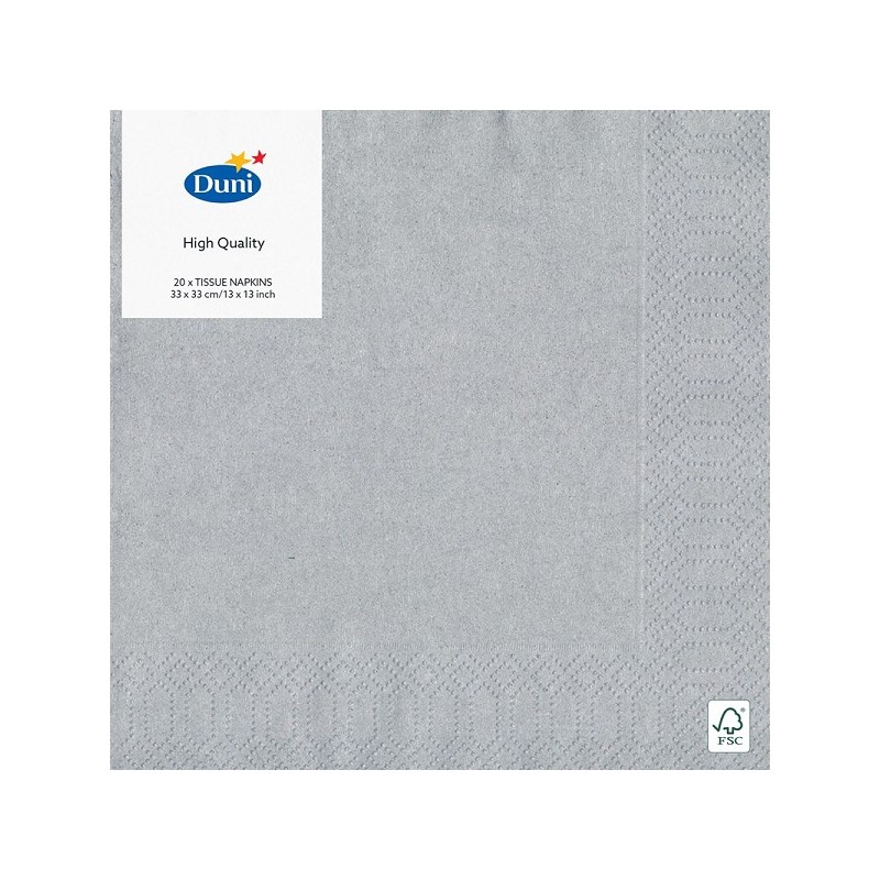 Duni servetten Zilver 33x33 cm 3-laags tissue FSC pak a 20 servetten