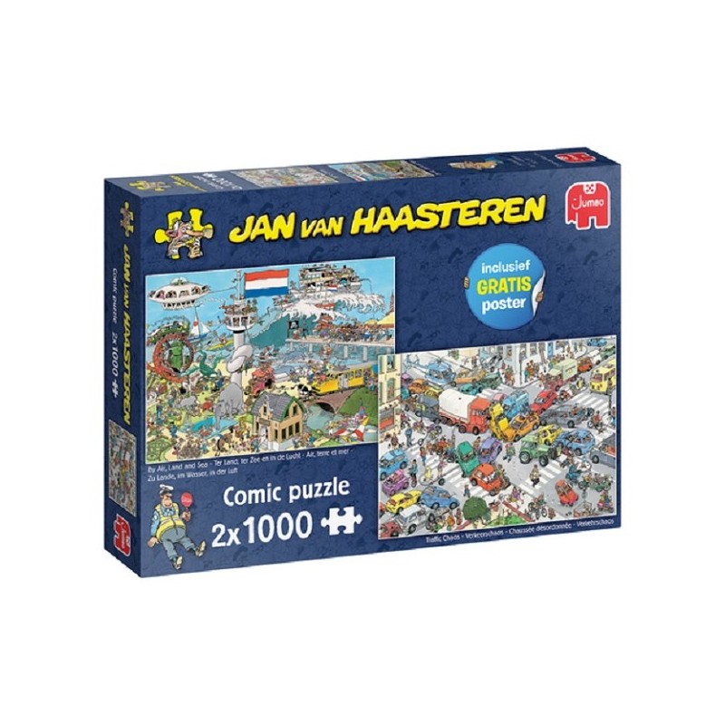 Jumbo Jan van Haasteren puzzel Verkeerschaos & ter land, ter zee en in de lucht (2X 1000 Stukjes)