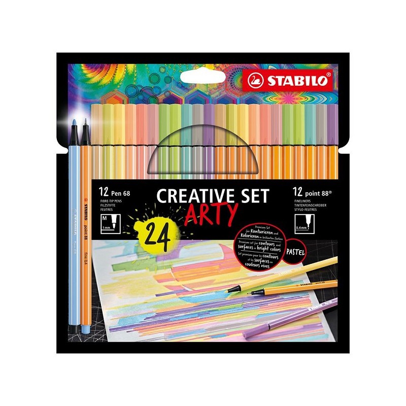 Stabilo Arty Creative set Pen 68/Point 88 étui de 24 couleurs, 12 feutres et 12 fineliners