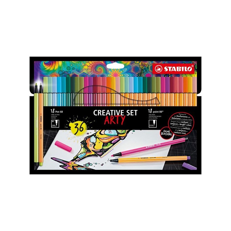 Stabilo Arty Creative set Pen 68/Point 88 etui a 36 kleuren, 18 viltstiften en 18 fineliners
