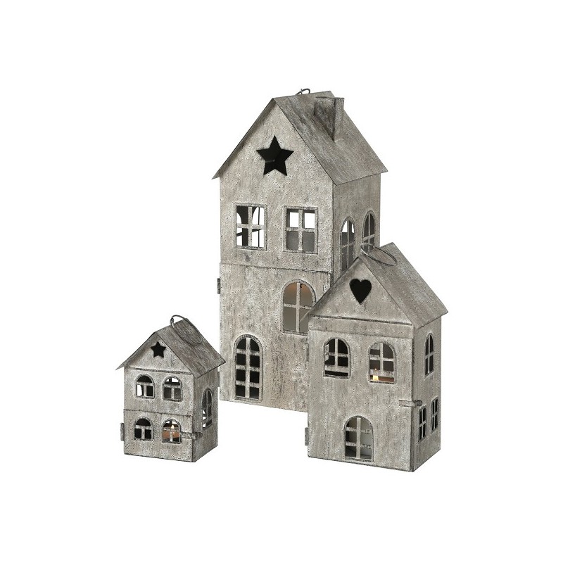 Boltze Home Lantaarn Kalana- in de vorm van een Huis- 3-delig -9x8x12/12x10x20/15x15x34cm