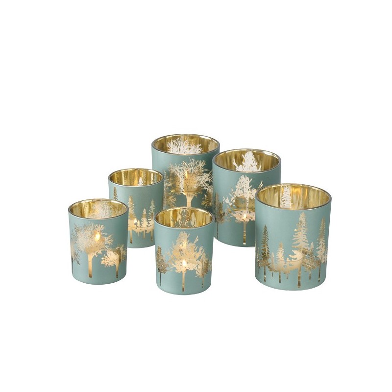 Boltze Home Windlichtset Skove groen glas met afbeelding bomen 2-delig 7x8/9x10cm