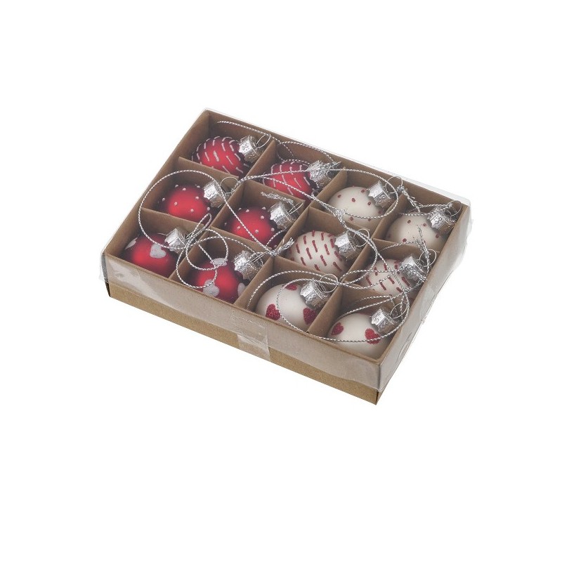 Boltze Home Set de boules de Noël verre rouge/blanc Ø3cm 12 pièces en boîte
