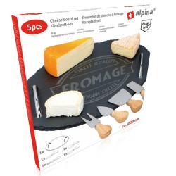 Alpina Set de planches à fromage 5 pièces, planche en ardoise Ø30cm avec 4 couteaux à fromage