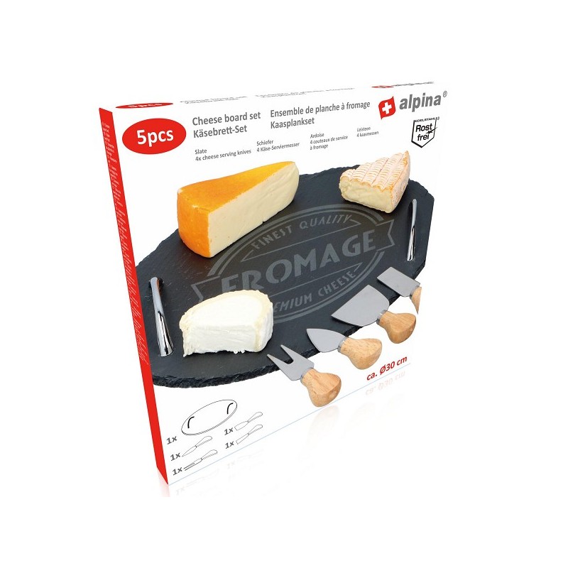 Alpina Set de planches à fromage 5 pièces, planche en ardoise Ø30cm avec 4 couteaux à fromage