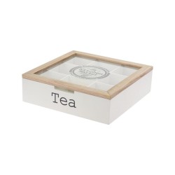 Boîte à thé MDF 9 compartiments blanc avec couvercle en verre 24x24x7cm