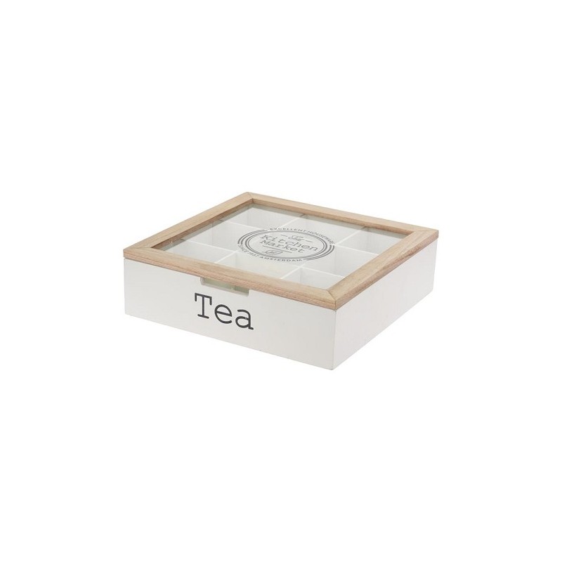 Theedoos MDF 9-vaks wit met glasdeksel 24x24x7cm