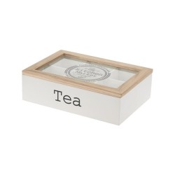 Boîte à thé MDF 6 compartiments blanc avec couvercle en verre 24x16,5x7cm